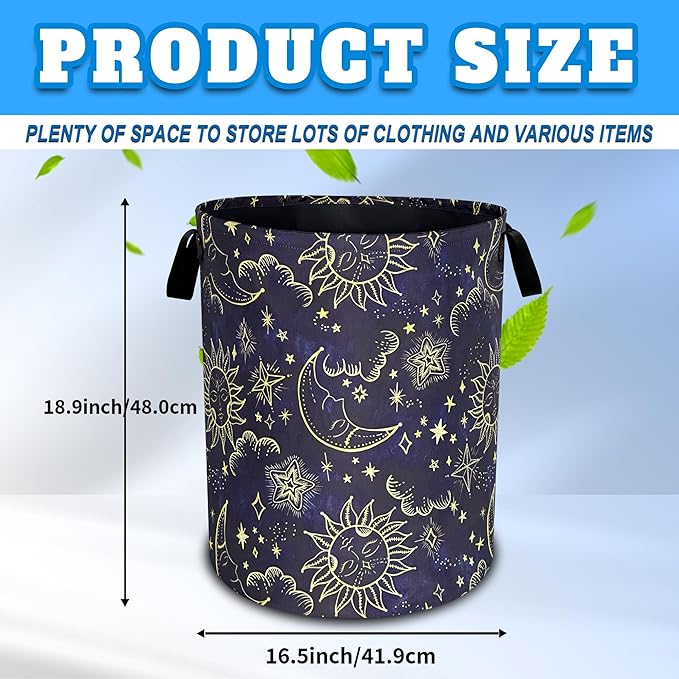 Celestial Sun Stars Moon Laundry Basket Oxford Cloth Funny Laundry Hamper With Handle Foldable Portable Clothes Storage Basket 18.9 X 16.5 In Storage Bag For Laundry Room/Bathroom/Bedroom/Dormitories