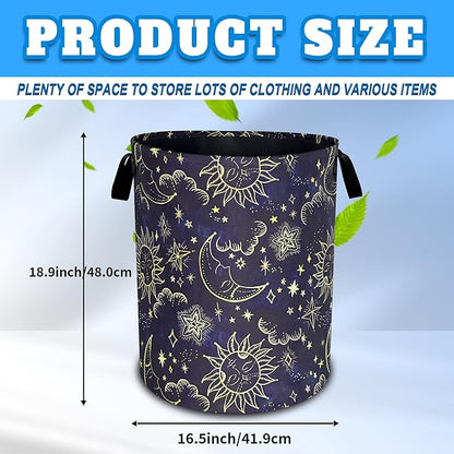 Celestial Sun Stars Moon Laundry Basket Oxford Cloth Funny Laundry Hamper With Handle Foldable Portable Clothes Storage Basket 18.9 X 16.5 In Storage Bag For Laundry Room/Bathroom/Bedroom/Dormitories