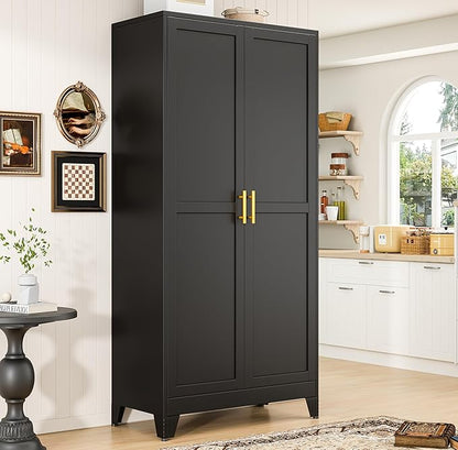 75" Metal Kitchen Pantry Cabinet,Black Storage Cabinet with Doors and 5 Adjustable Shelves, Cabinet with 2 Metal Handles,Tall Cabinet for Livingroom,Pantry, Bathroom,Kitchen