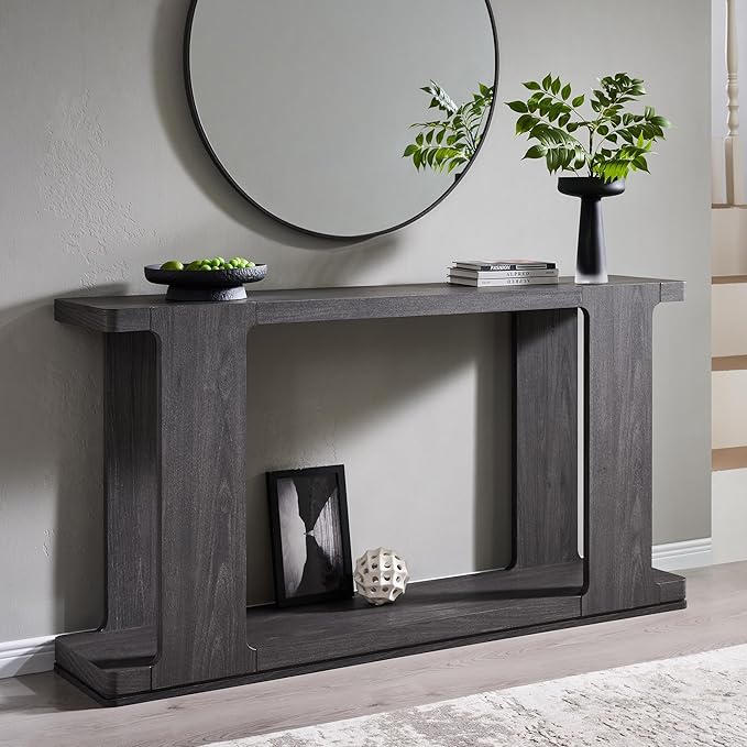 OKD 63 Inch Modern Entryway Console Table, 2-Tier Long Sofa Table Behind Couch with Curved Edge, Wood Farmhouse Narrow Entry Table for Hallway, Living Room, Foyer, Entrance, Dark Alder