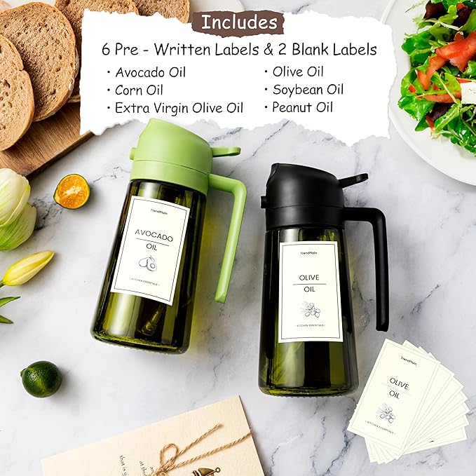 TrendPlain - Original 16oz/470ml Olive Oil Dispenser Bottle for Kitchen Gadgets and Air Fryer Accessories - Olive Oil Sprayer for Cooking w/Stickers - Green