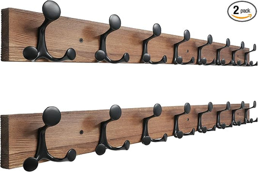 SKOLOO 43-Inch Wood Coat Rack Wall Mount with 8 Triple Hooks - Ideal for Family Entrances, Classrooms, and Pet Supplies Storage - Perfect Coat Hooks for Wall,Charred Golden Brown, Pack of 2