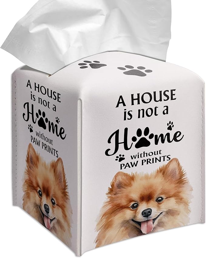 Grace Yonks Cute Pomeranian Tissue Box Cover Square, Pomeranian Dog Cube Case for Facial Tissues, 5.2" PU Leather(034)