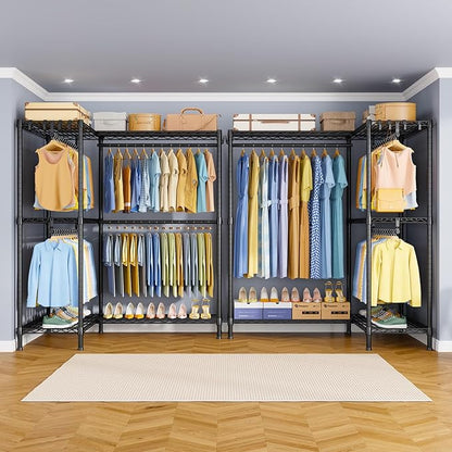 E15 Pro Garment Rack L Shaped Clothes Rack for Corner，Freestanding Clothing Racks for Hanging Clothes，Heavy Duty Closet System with 4 Hanging Rods & 8 S Hooks，48.8"W x 15.8"D x 78.4"H，Black