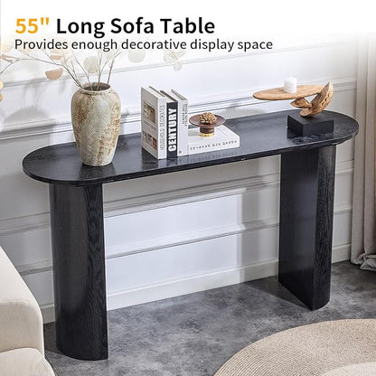 55" Console Table for Entryway, Narrow Sofa Entrance Table with Faux Mars Marble Pattern, Modern Sofa Tables with Rounded Curved Edges for Living Room, Hallway, Foyer, Home Office, Black