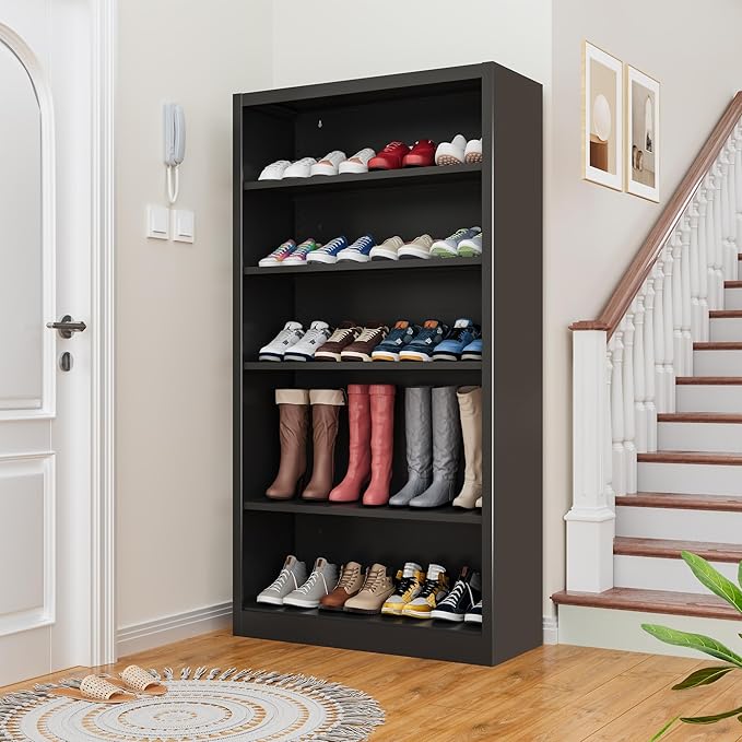 5-Space Heavy Duty Steel Shoe Rack, 4-Tier Adjustable Shoe Shelf with Back Panel, 66" Tall Open Shoe Organizer for Entryway, Closet, Apartment - Sturdy Metal Shoe Storage (Black, 5 Tier-66"H*33W)
