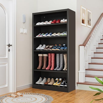 5-Space Heavy Duty Steel Shoe Rack, 4-Tier Adjustable Shoe Shelf with Back Panel, 66" Tall Open Shoe Organizer for Entryway, Closet, Apartment - Sturdy Metal Shoe Storage (Black, 5 Tier-66"H*33W)