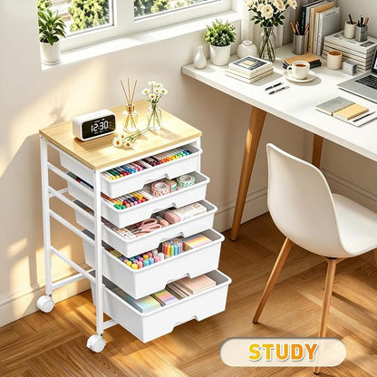 SUNALLY Rolling Carts With 5 Drawers, Storage Drawer Carts with Wooden Tabletop and 2 Lockable Wheels, Rolling Utility Cart for Craft Art Supply Storage & Home Office Organization, White