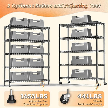 REIBII 1653LBS Storage Shelves with Wheels,76.1" H Metal Shelving 5-Tire Adjustable Wire Shelving Pantry Shelves for Garage Shelving, Pantry, Kitchen, Closet, Commercial,15.7" D x 35.4" Wx76.1 H