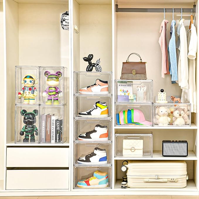 5 Pack Clear Stackable Shoe Organizer Box with Lids, Acrylic Shoes Box with Magnetic Doors, Transparent Shoe Storage Bins Closet Organizers, Shoes Containers For Sneaker Display, Fit up to US Size16