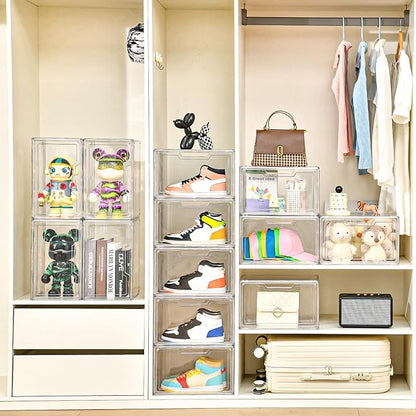 5 Pack Clear Stackable Shoe Organizer Box with Lids, Acrylic Shoes Box with Magnetic Doors, Transparent Shoe Storage Bins Closet Organizers, Shoes Containers For Sneaker Display, Fit up to US Size16