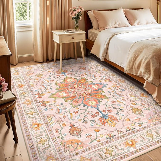 RELEANY Area Rugs 5'x7' Washable Non-Slip, Floral Vintage Distress Medallion Carpet for Living Room Bedroom Dining Room, Light Pink Colorful