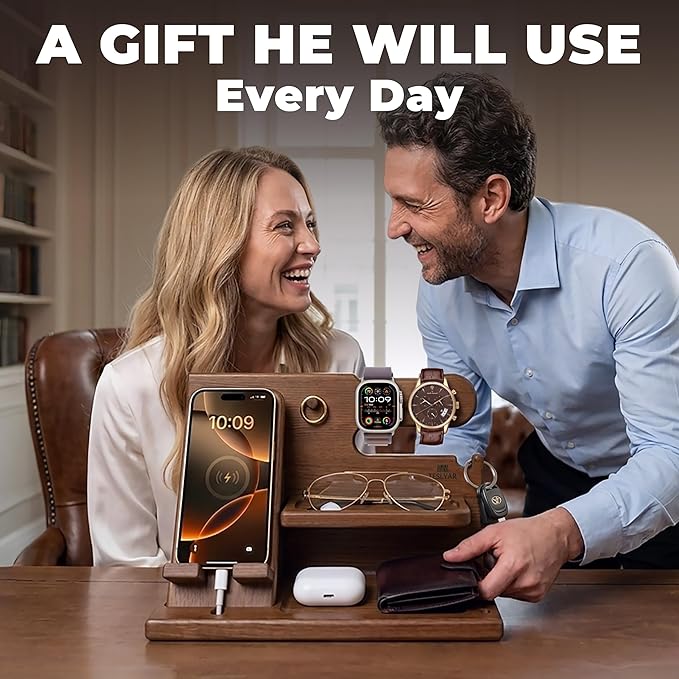 TESLYAR Wood Phone Docking Station for Men - Desk or Nightstand Organizer - Birthday Gifts for Husband or Dad - Anniversary Idea from Wife - Key Holder, Stand Wallet, Watch & Essentials (Earth Beige)
