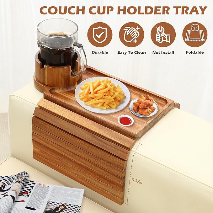 GHKINMAL Couch Cup Holder Tray, Acacia Wood Couch Armrest Table with 360° Ratated Phone Holder, 18.99" Flodable Anti-Slip Sofa Armrest Tray Tables for Snacks Remote Storage