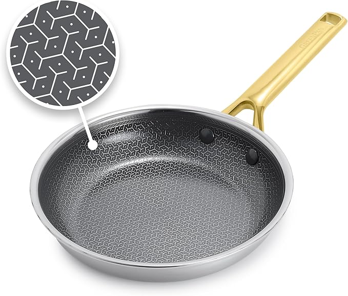 GreenPan Hybrid 8” Nonstick Stainless Steel Frying Pan Skillet, APEX Tri-Ply Thermobond PFAS-Free Ceramic Cookware, Induction & All Cooktop Compatible, Oven Temp to 850°F, Dishwasher Safe, Gold