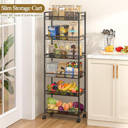 6 Tier Slim Rolling Storage Cart, Narrow Mobile Shelving Unit Organizer Utility Cart with Wheels, Metal Wire Storage Rack with Baskets for Kitchen, Bathroom, Laundry & Living Room, 10in(W) Black