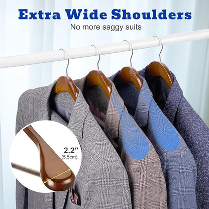 HOUSE DAY Wood Suit Hangers for Men, Smooth Wide Shoulder Wooden Hanger with Non Slip Pant Holder, Wide Hangers for Suits, Coats, Jackets, Heavy Wide Clothes Hanger 2 Pack, Walnut