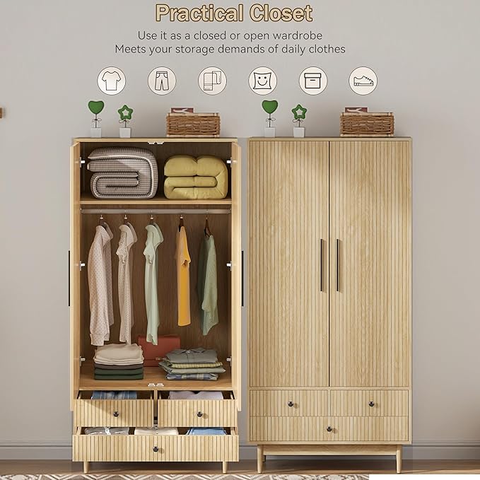 Armoire Wardrobe Closet with 2 Fluted Doors,64.96" Wooden Clothes Storage Cabinet with Hanging Rod and Shelf Storage,Wardrobe Cabinet with 3 Drawers,Freestanding Closet for Bedroom (Natural)