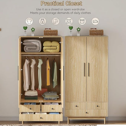 Armoire Wardrobe Closet with 2 Fluted Doors,64.96" Wooden Clothes Storage Cabinet with Hanging Rod and Shelf Storage,Wardrobe Cabinet with 3 Drawers,Freestanding Closet for Bedroom (Natural)