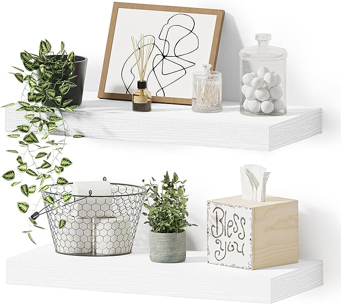 Vivelove 16 inch Floating Shelves for Wall, Bathroom Shelves Over Toilet, Wall Shelf for Bedroom, Living Room, Kitchen, Office Home Decor, Narrow Shelves with Invisible Brackets - Set of 2, White