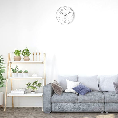 Foxtop Silver Wall Clock Silent Non-Ticking Battery Operated Round Modern Wall Clock for Office School Home Living Room Bedroom Bathroom Kitchen Decor 12 inch