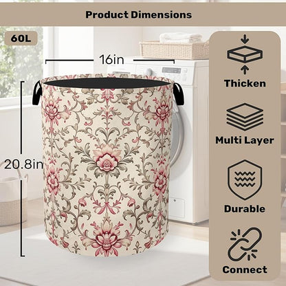 Vintage Floral Patterns Laundry Basket - Heavy Duty 60L Dirty Clothes Organizer, Water Resistant Foldable Hamper for Men Women