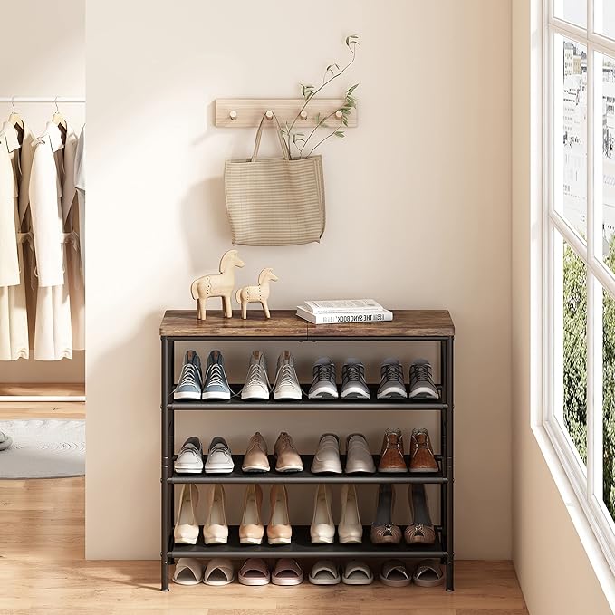 Shoe Rack Organizer 4 Tier Metal Organizer Shelf with Industrial MDF Board and Layer Fabric for Entryway Closet Bedroom Living Room Garage,Black & Rustic Brown (Black+Rustic Brown, 4 Tier)