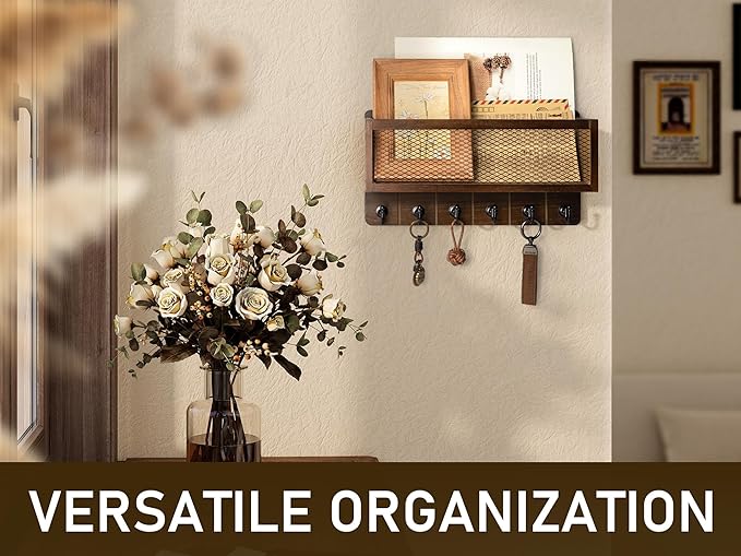 Rebee Vision Farmhouse Key Holder for Wall with Mail Storage Basket : Decorative Wall Mount Organizer with 6 Sturdy Wall Hooks and Wooden Key Rack - Rustic Home Decor (Retro Brown)