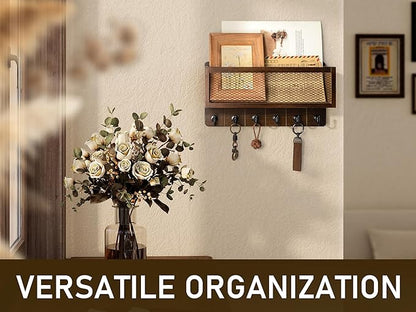 Rebee Vision Farmhouse Key Holder for Wall with Mail Storage Basket : Decorative Wall Mount Organizer with 6 Sturdy Wall Hooks and Wooden Key Rack - Rustic Home Decor (Retro Brown)