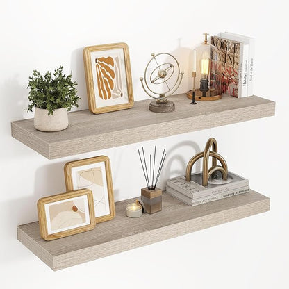 Acovy 32 Inch Floating Shelves, 3D Textured Wood Grain, 32"x9.25"x1.5" Inch Deep Floating Shelves for Wall, Wooden Shelves for Bathroom, Bedroom, Living Room, Vintage White Oak, 2 Pieces