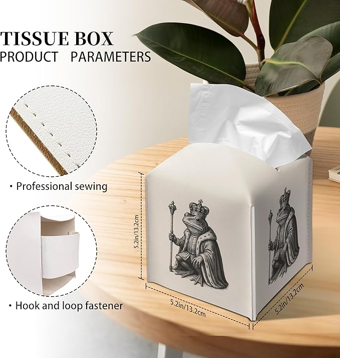 Grace Yonks Vintage Tissue Box Cover Square - Frog King Illustration Design 5.2" PU Leather Holder for Vanity, Desk, or Bathroom Counter - Cube Case for Facial Tissues. (117)
