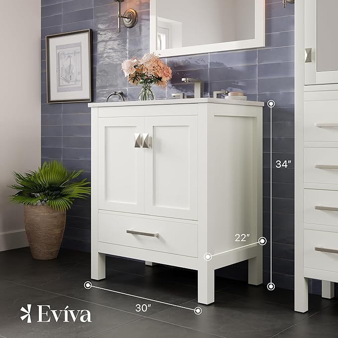 Eviva Aberdeen 30 in. White Single Sink Bath Vanity with Carrara Quartz Top and Undermount Porcelain Sink