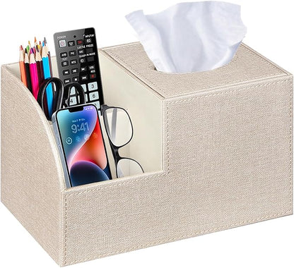 PU Leather Square Tissue Box Cover - Multi-Functional Tissue Box Holder, Tissue Box Cover with Storage,Tissue and Remote Control Holder, Cube Tissue Box Organizer Bedroom Nightstand End Table