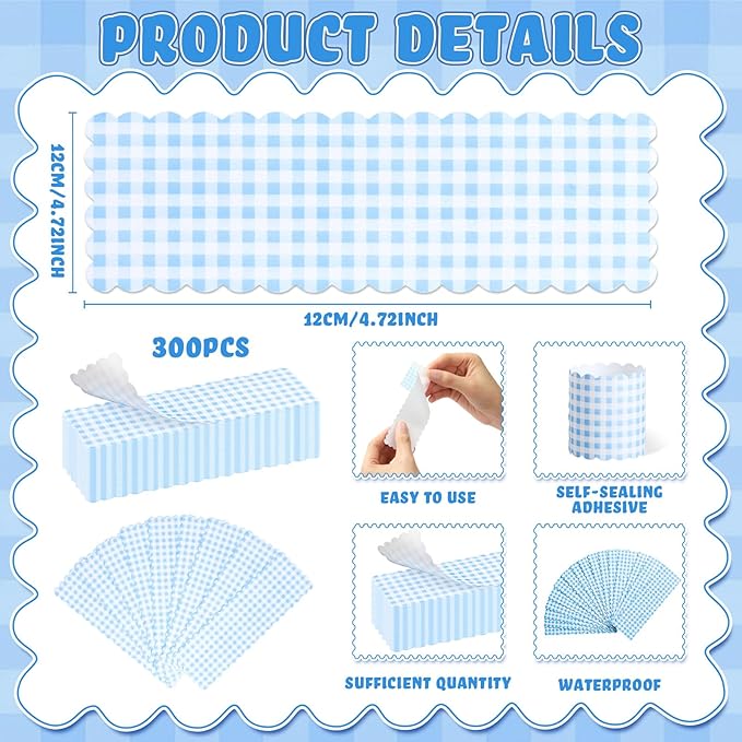 300 Pcs Blue White Plaid Paper Napkin Rings Disposable Napkin Bands Self Adhesive Summer Silverware Wrap Band for Birthday Holiday Party Dinner Table Setting Decoration
