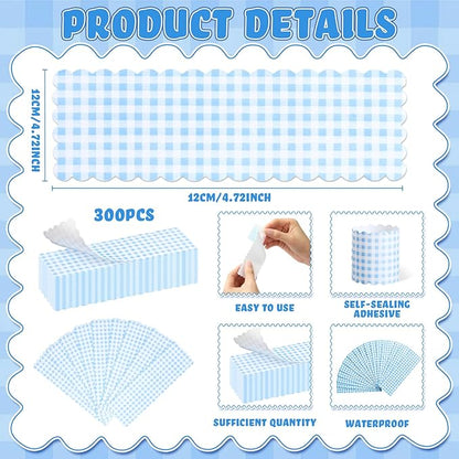 300 Pcs Blue White Plaid Paper Napkin Rings Disposable Napkin Bands Self Adhesive Summer Silverware Wrap Band for Birthday Holiday Party Dinner Table Setting Decoration