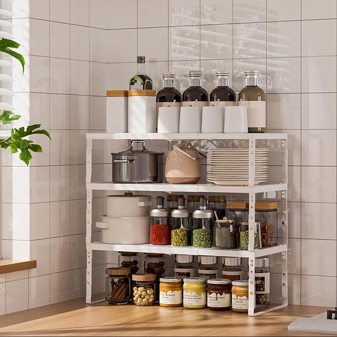 Cabinet Shelf,Expandable Adjustable Stackable Kitchen Organizer,for cabinets, Kitchens, countertops, bathrooms Shelf Organizer(2Packs/White,Large)