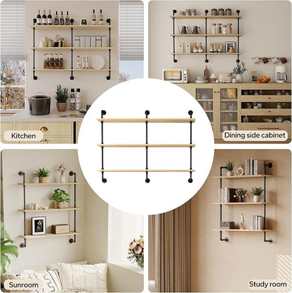 3-Tier Industrial Pipe Floating Shelf – Rustic 48 inch Wood Wall-Mounted Storage Shelf for Kitchen Office,Bathroom & Home Decor -White Oak