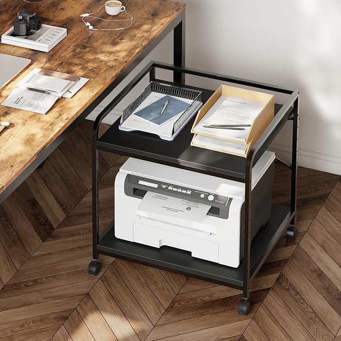 Warmiehomy 2 Tier Printer Stand with Storage, 22 Inches(55cm x 50cm) Under Desk Rolling Printer Cart with Height Adjustable Shelf, Large Printer Table for Home Office, Black