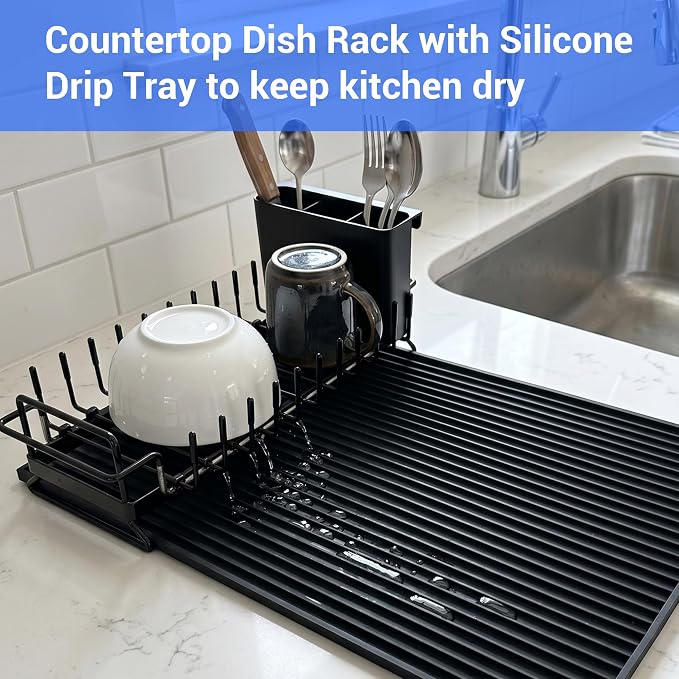 Expandable & Collapsible Dish Drying Rack for Over The Sink and in Sink, Stainless Steel with Silicone Drip Tray, Space Saving Adjustable Dish Rack for Small Kitchen, Apartment & RV