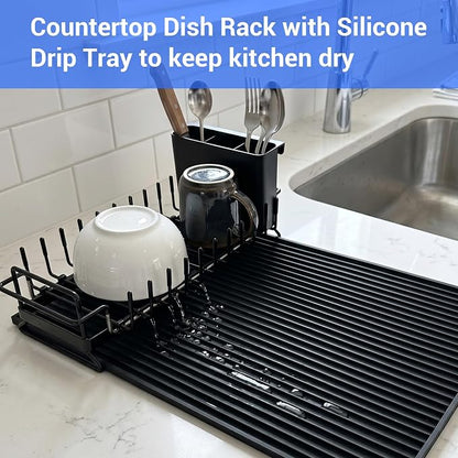 Expandable & Collapsible Dish Drying Rack for Over The Sink and in Sink, Stainless Steel with Silicone Drip Tray, Space Saving Adjustable Dish Rack for Small Kitchen, Apartment & RV