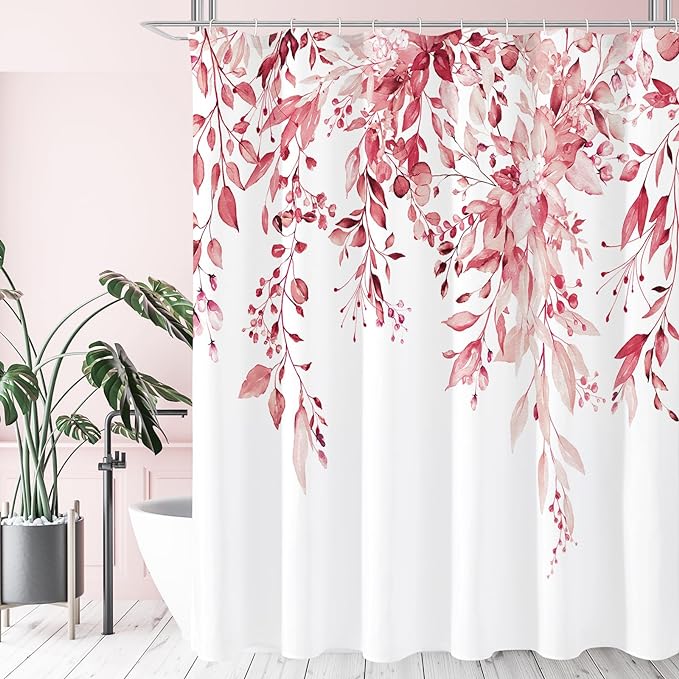 Gibelle Pink Eucalyptus Shower Curtain, Watercolor Plant Leaves with Floral Bathroom Shower Curtain Set, 72x72