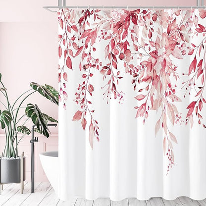 Gibelle Pink Eucalyptus Shower Curtain, Watercolor Plant Leaves with Floral Bathroom Shower Curtain Set, 72x72