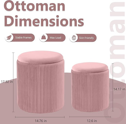 Royal Windsor Round Ottoman with Storage Set of 2,Vanity Stool with Storage for Bedroom, Ottoman Coffee Table,Small Velvet Foot Stool for Living Room, Pink