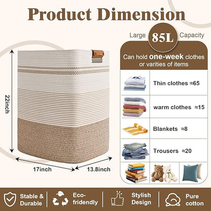 Laundry Hamper, 85L Tall Laundry Basket with Leather Handles, Rectangle Large Clothes Hamper for Organizing, Cotton Woven Laundry Baskets Storage Hampers for Bedroom, Nursery, Living Room