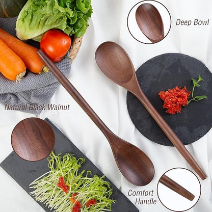 2PSC Wooden Cooking Spoons, 14 Inch Wooden Spoon for Cooking Mixing Salad or Soup Stirring, Black Walnut Nonstick Cookware Wood Cooking Spoons for Serving with Long Handle Smooth Finish