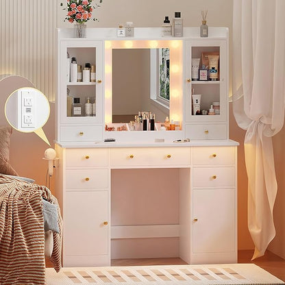 Vanity Desk with Mirror and Lights, White Vanity with Lighted Mirror & Power Outlet and 7 Drawers, 3 Color Modes Adjustable, Makeup Dressing Table Set with Lights for Girls Women