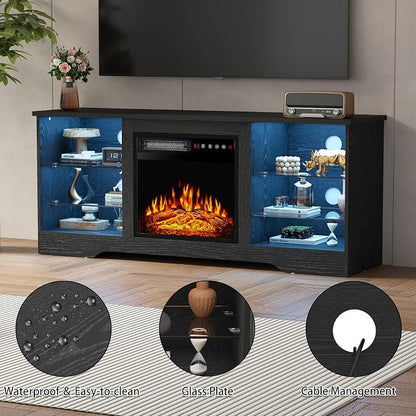PRETZI Fireplace TV Stand with 18" Fireplace Up to 65" TVs, 58" Entertainment Center with LED Lights, TV Media Console with Adjustable Glass Shelves and Storage Cabinets for Living Room, Black
