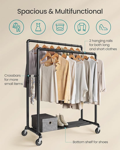 SONGMICS Heavy-Duty Clothes Rack, Double-Rod Clothing Rack for Hanging Clothes, Industrial Garment Rack on Wheels, Metal Frame, 2 Casters with Brakes, Commercial Display, Black UHSR60B