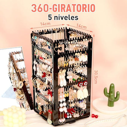 17Dec 360 Rotating Earring Holder Organizer Stand,5 Tiers Acrylic Jewelry Organizers and Storage,Stud Earring Organizers and Storage,212 Holes and 212 Grooves for Earrings Necklaces chain bracelet