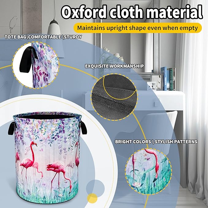 Flamingo Laundry Basket Animal Foldable Oxford Cloth Funny Tote Bag Laundry Hamper Clothes Storage Bucket Toy Organizer For Bathroom/Laundry Storage/Bedroom 18.9x16.5 Inch